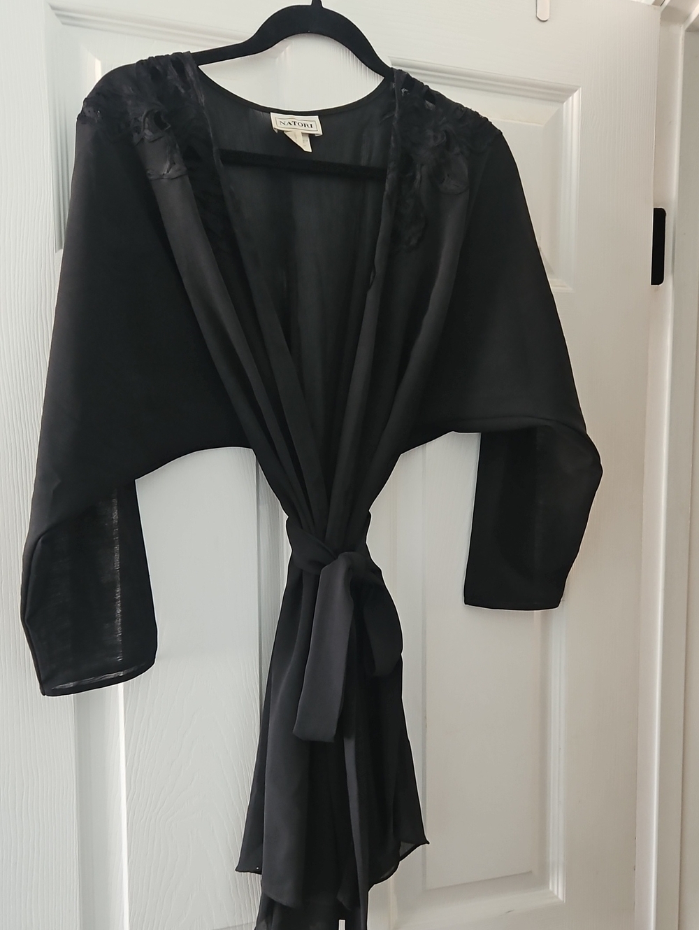 Natori Black Sheer Tie-Front Robe with Embroidered Shoulders